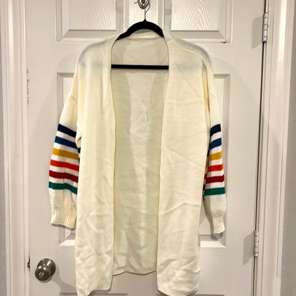 Long off-white cardigan with rainbow striped sleeves, XL, EUC